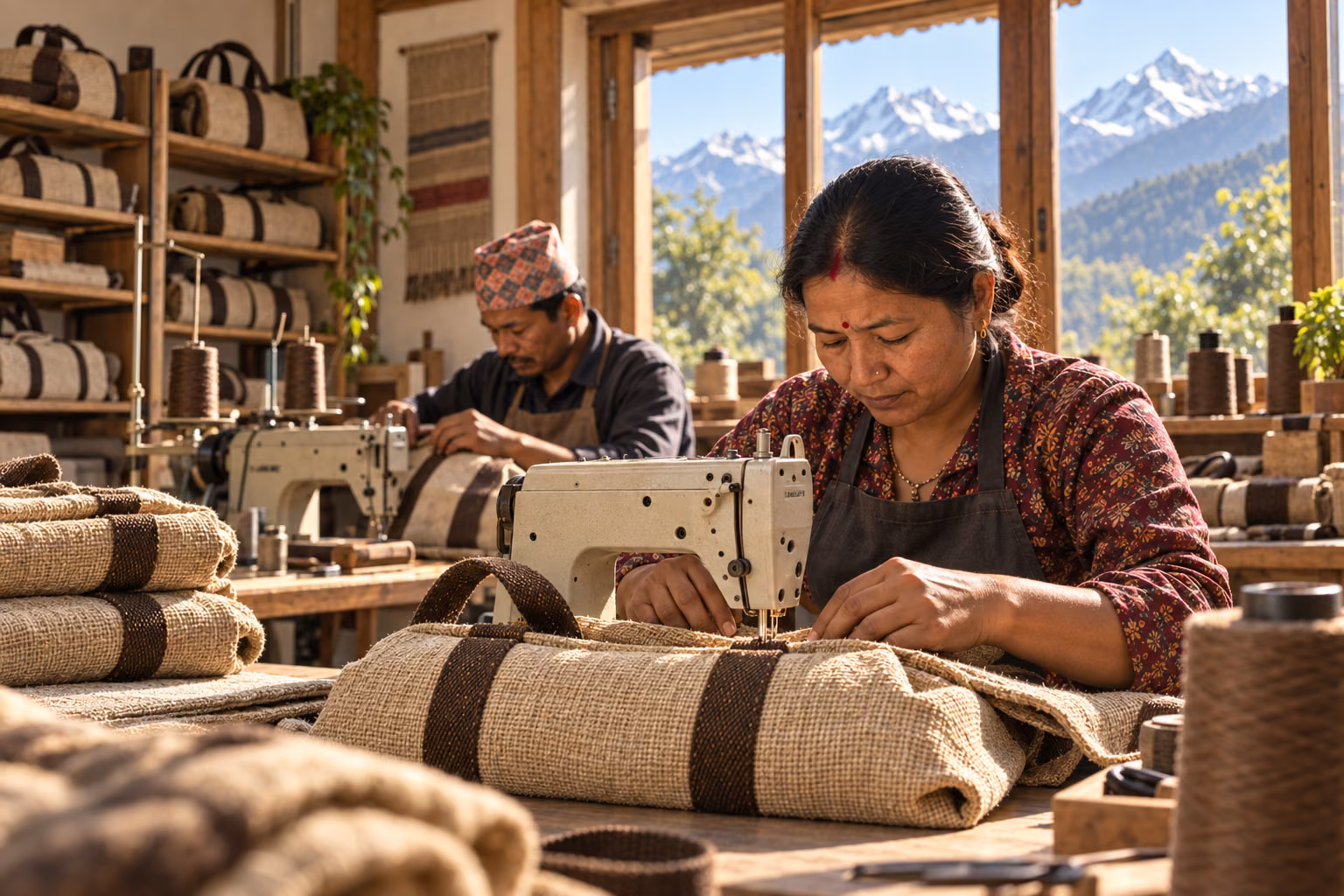 Reference photograph of a maker working on a bag in a workshop