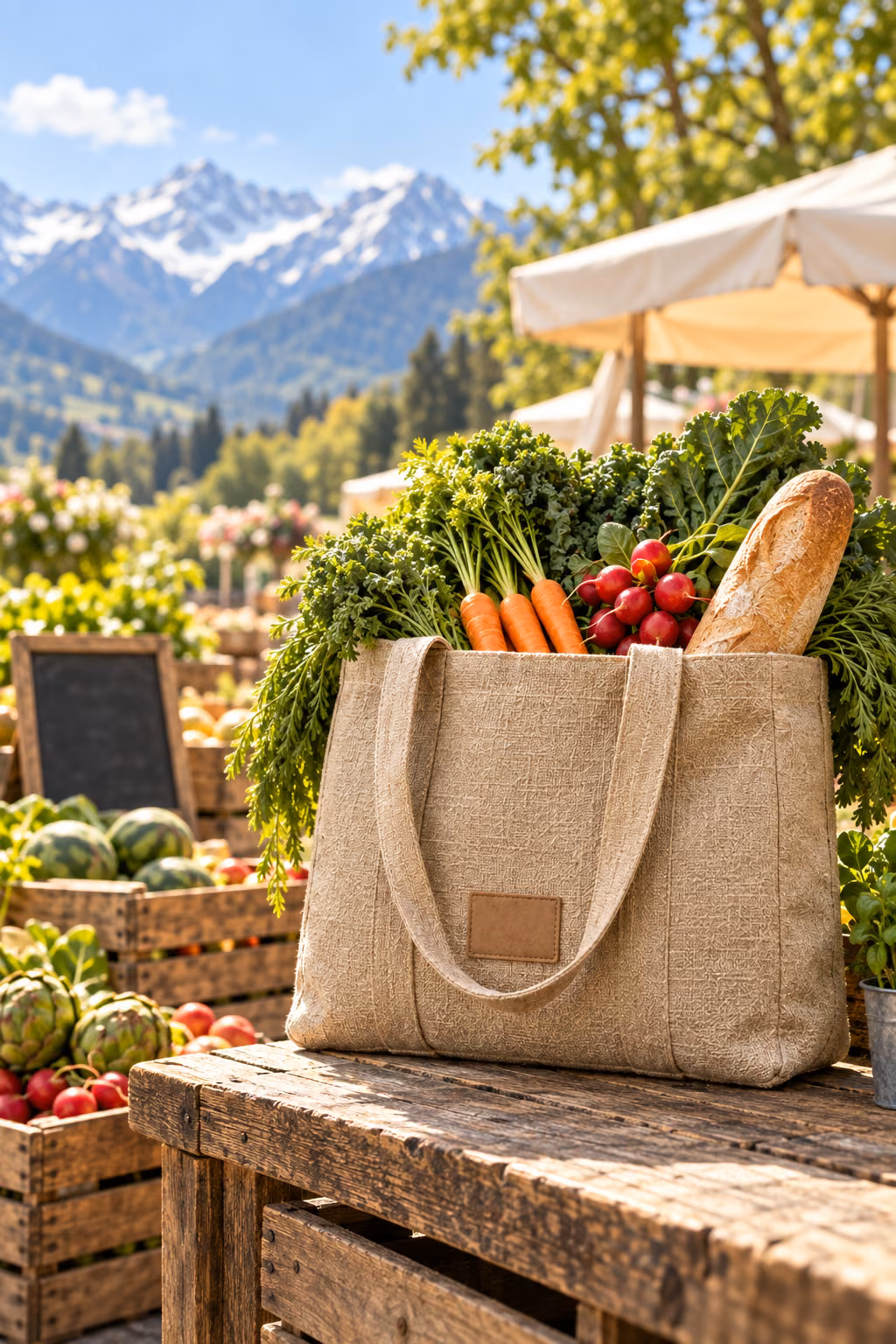 A SEED tote carried through an outdoor market